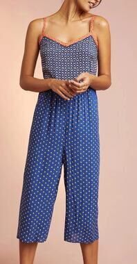 Anthropologie XL Blue Floral Wide Leg Cropped Jumpsuit Boho Adjustable Strap